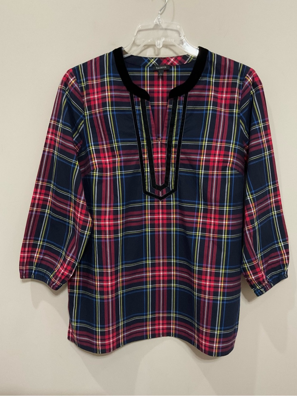 Talbots Tartan Plaid Split Neck Tunic Velvet Trim Sz Lg